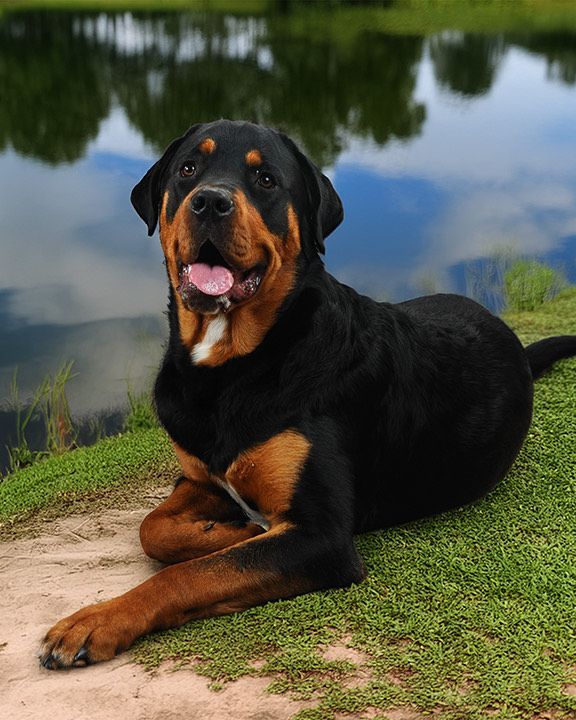 A rottweiler dog is laying on the grass near a body of water.