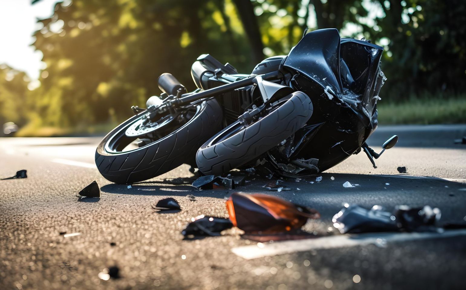 A motorcycle has crashed on the side of the road.